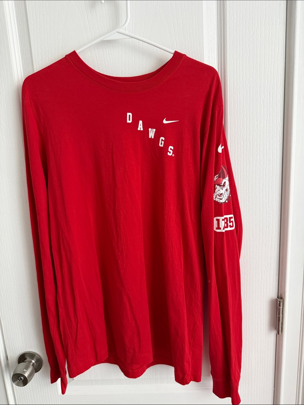 Nike Red Long Sleeve 'DAWGS' Tee with Bulldog Sleeve Graphic